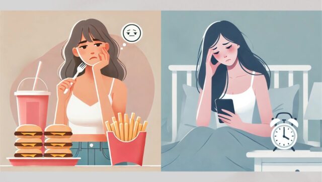 栄養不足（ビタミン・ミネラル不足）、睡眠不足の原因になるよくない習慣の女性イラスト