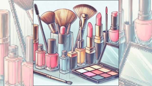 複数の安価な化粧品が並んでいるイラスト