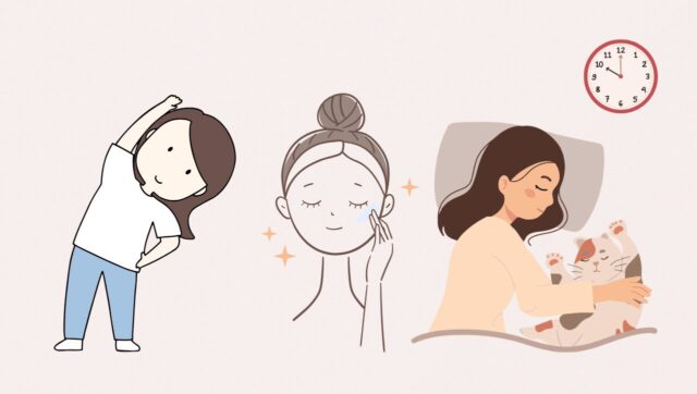 肌の生まれ変わり（ターンオーバー）を促進するのために大切な十分な保湿、睡眠の質を向上させる、適度な運動を行う女性