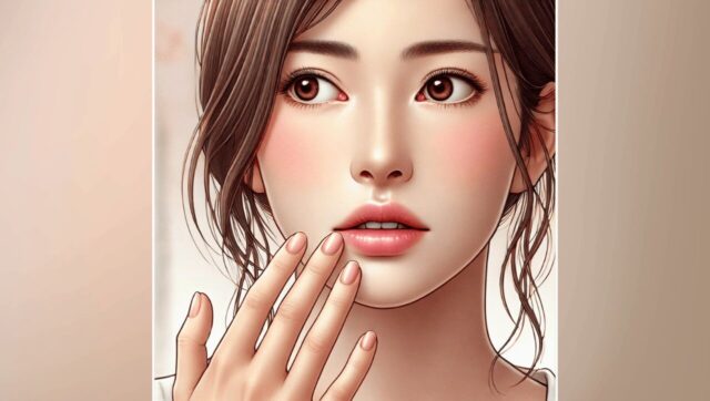 唇の乾燥に悩み、カサカサした唇を気にしている表情の女性。