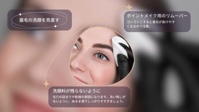クレンジングを使って眉毛のメイクを落としている女性。コットンでやさしく眉毛をふき取っている様子。