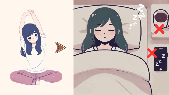 質の良い睡眠をとるために、スマホの使用を控える、カフェインを避ける、軽い運動をするなどのポイント